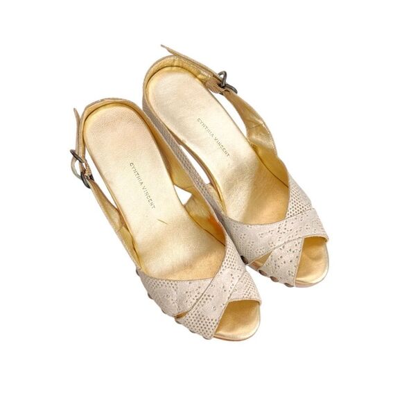 CYNTHIA VINCENT Studded Lace-Leather Sling-backs in Lavender & Gold Size 9 - Picture 3 of 9